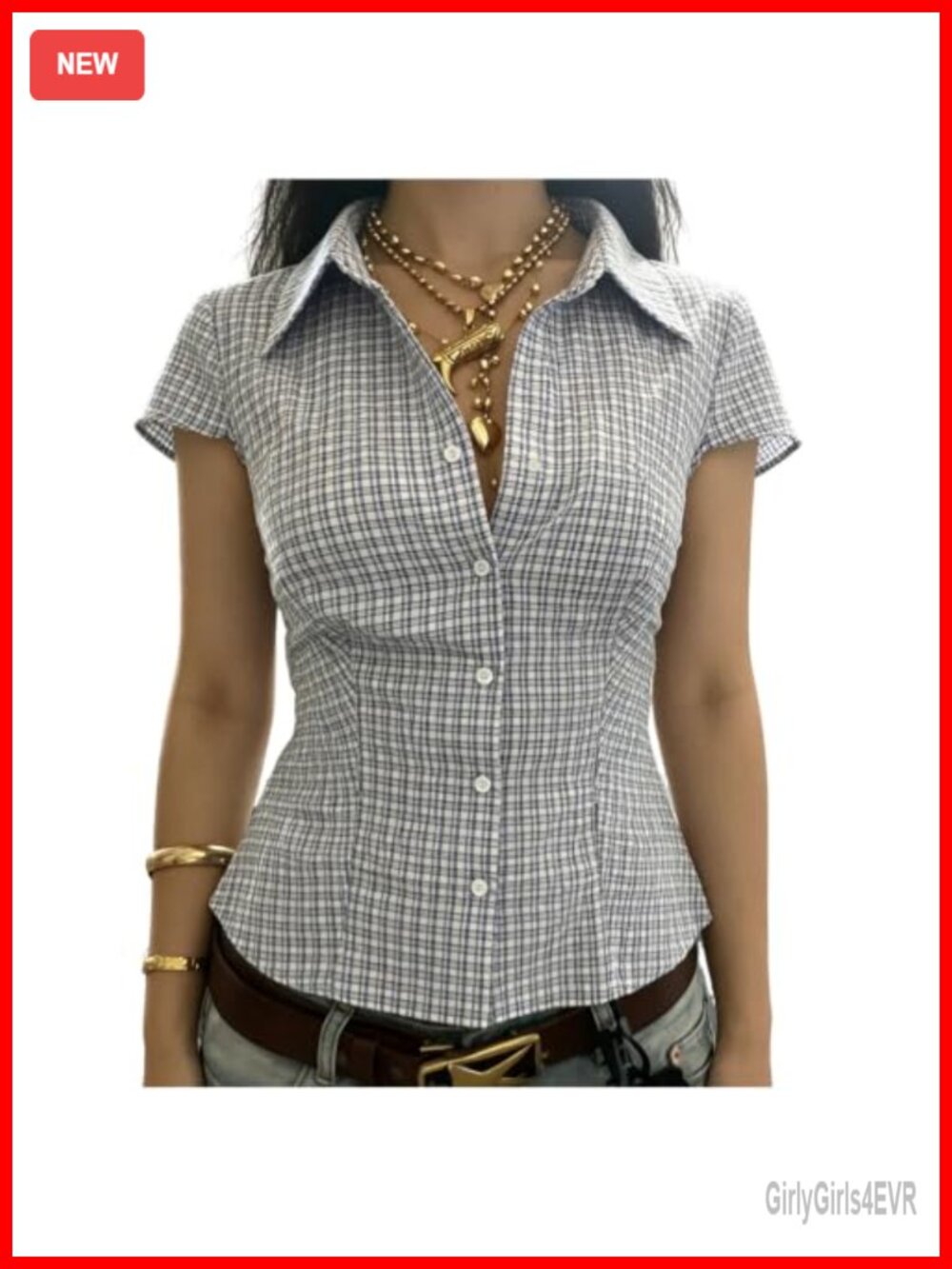 Slim Fit Plaid Button Up Short Sleeve Collared Blouse Y2K Vintage